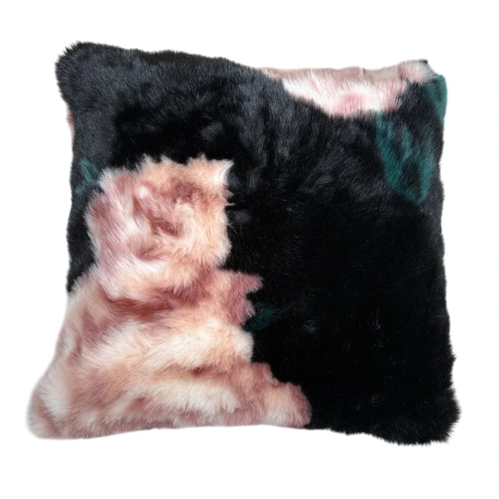 Emily & Meritt Pottery Barn Faux Fur Decorative Throw Pillow Black Pink‎ Roses